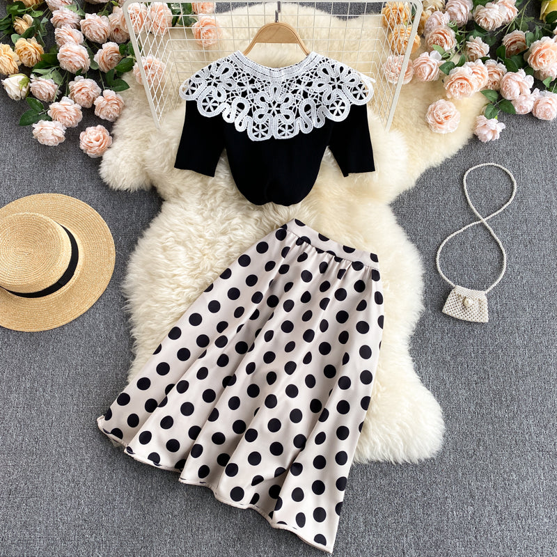 Chemisier tricoté mignon à manches courtes pour la réduction de l'âge, jupe à pois tout-en-un, costume deux pièces à la mode 598