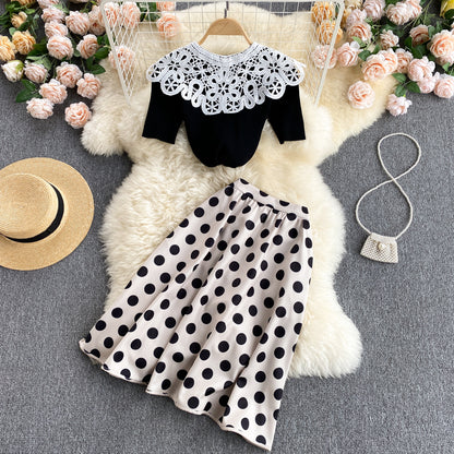 Chemisier tricoté mignon à manches courtes pour la réduction de l'âge, jupe à pois tout-en-un, costume deux pièces à la mode 598