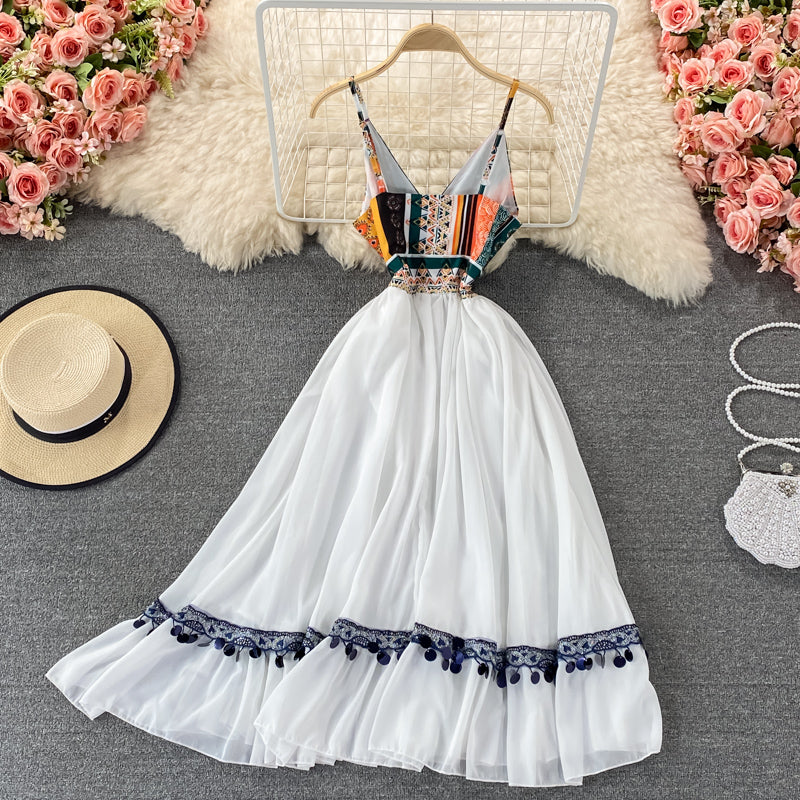 White A line v neck dress fashion dress  620