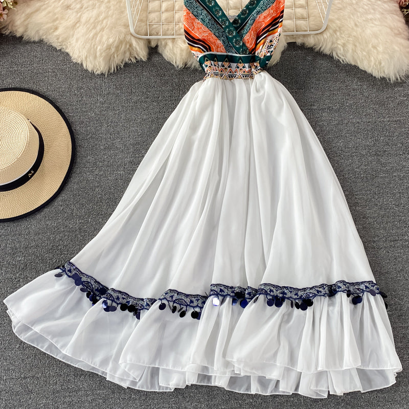 White A line v neck dress fashion dress  620