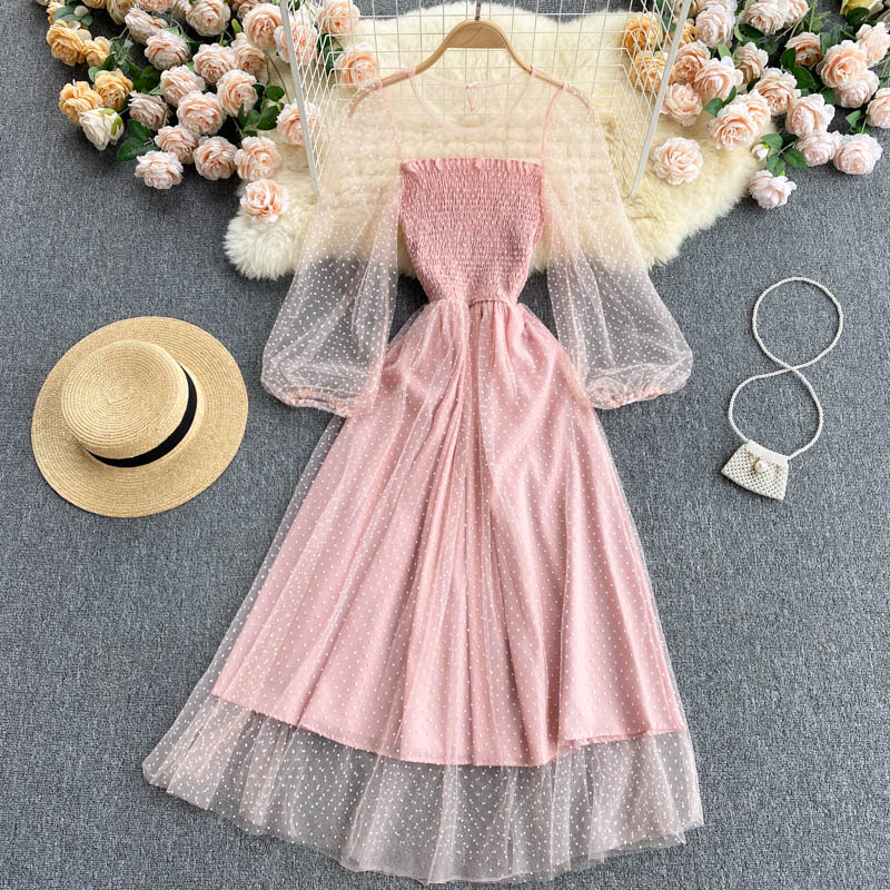 Cute A line tulle long sleeve dress fashion dress  627