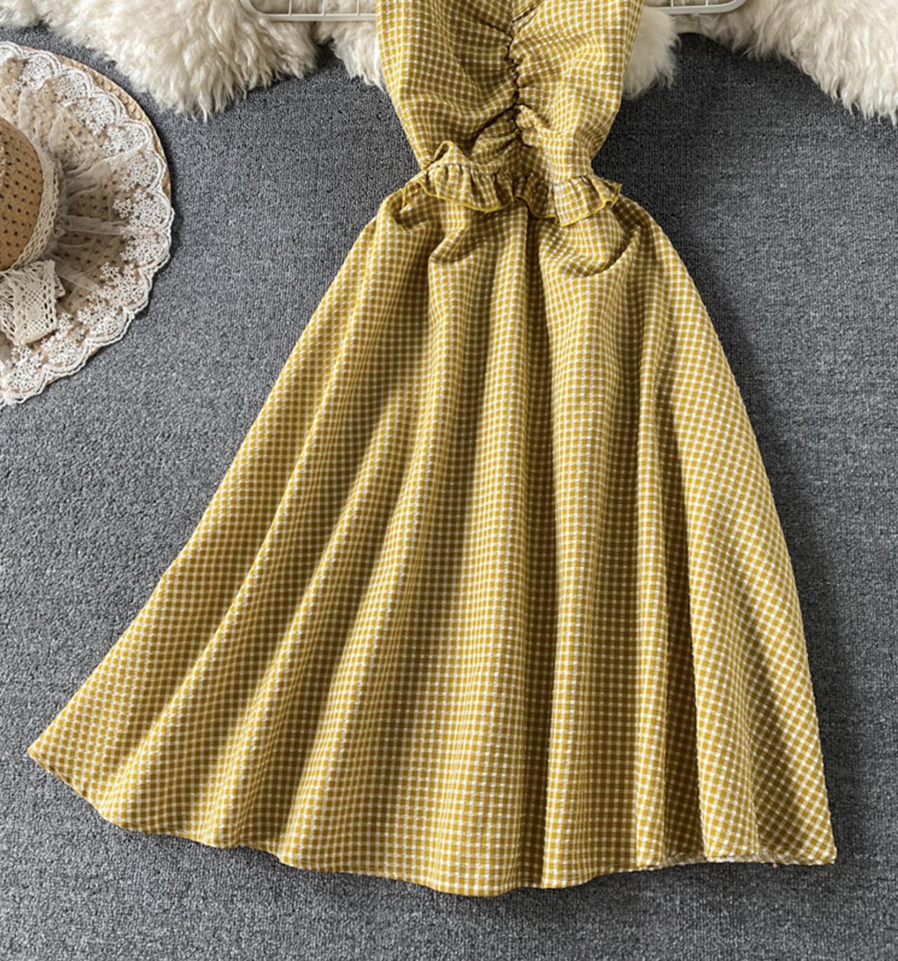 Cute plaid short dress A line dress  693