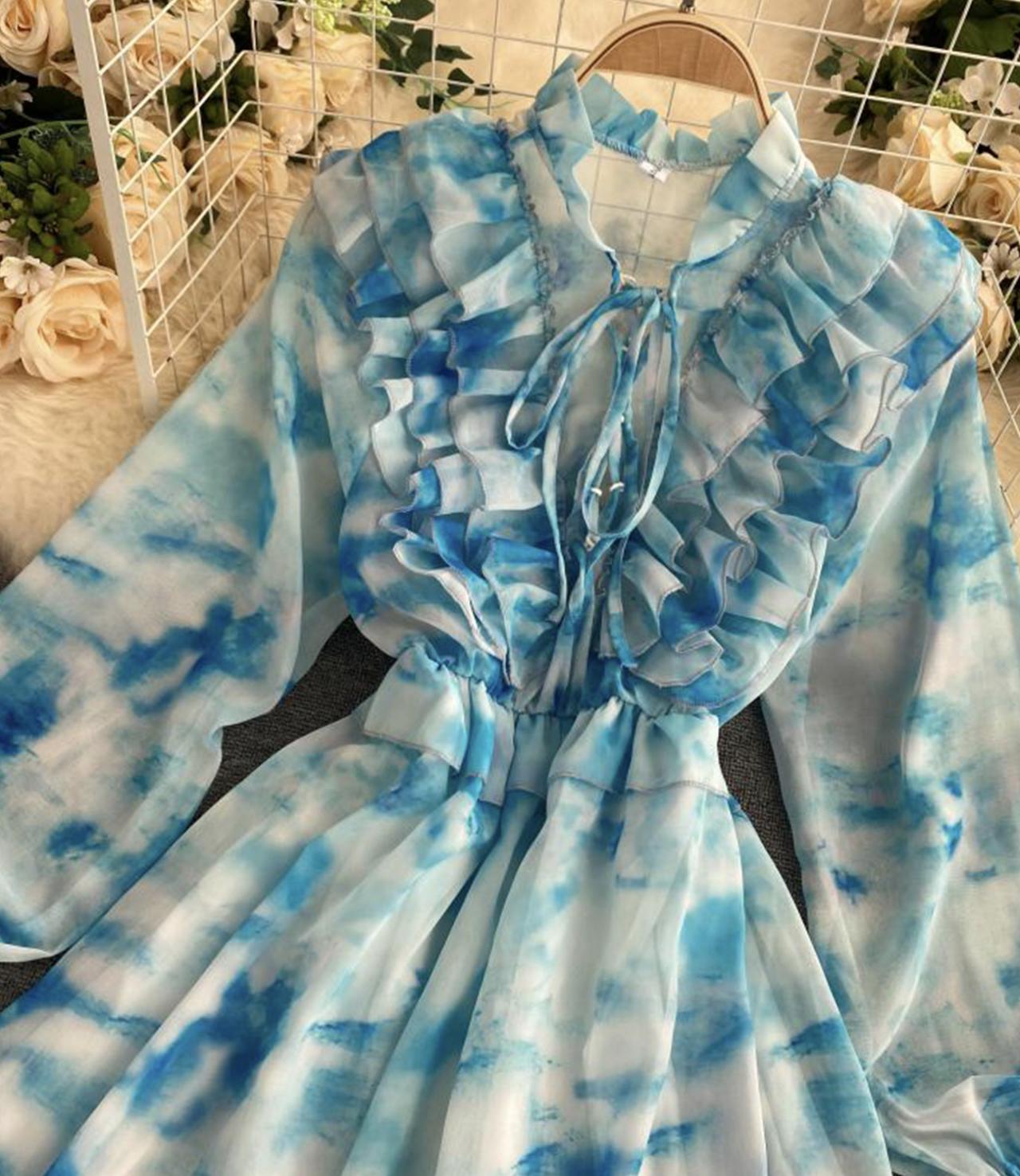 Blue A line long sleeve dress fashion dress 649