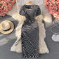 Slim waist casual side drawstring extra long over-the-knee slit striped T-shirt dress  557