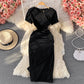 Slim waist casual side drawstring extra long over-the-knee slit striped T-shirt dress  557