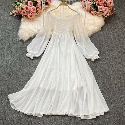 Weißes Chiffon-Langarmkleid Modekleid 455