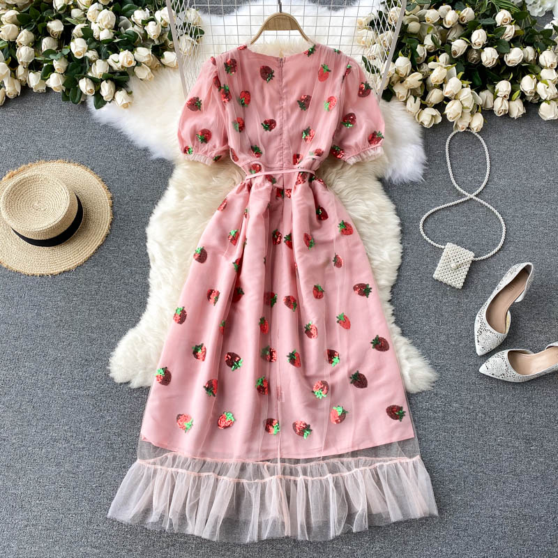 Pink v neck strawberry A line dress fashion dress  626