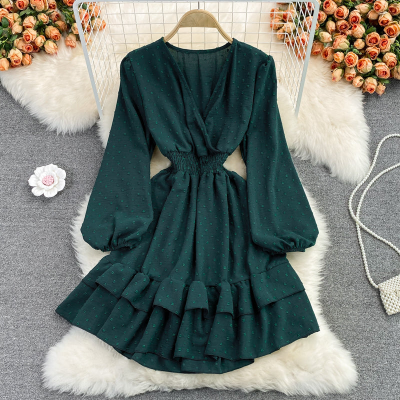 Süßes Langarmkleid mit V-Ausschnitt, Modekleid 413
