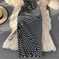 Slim waist casual side drawstring extra long over-the-knee slit striped T-shirt dress  557