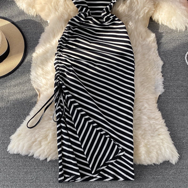 Slim waist casual side drawstring extra long over-the-knee slit striped T-shirt dress  557