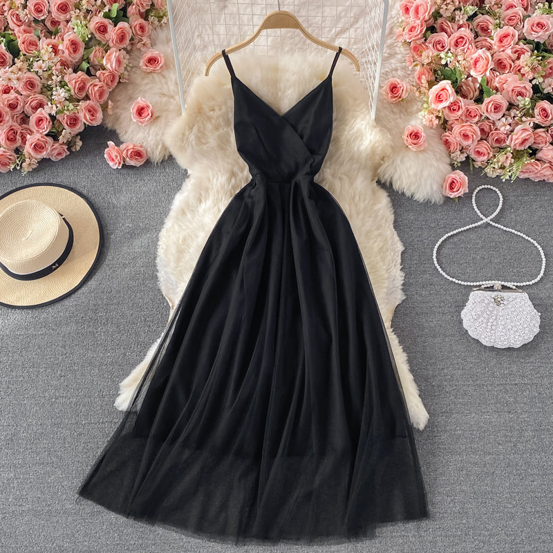 Black v neck tulle short dress A line fashion dress  496