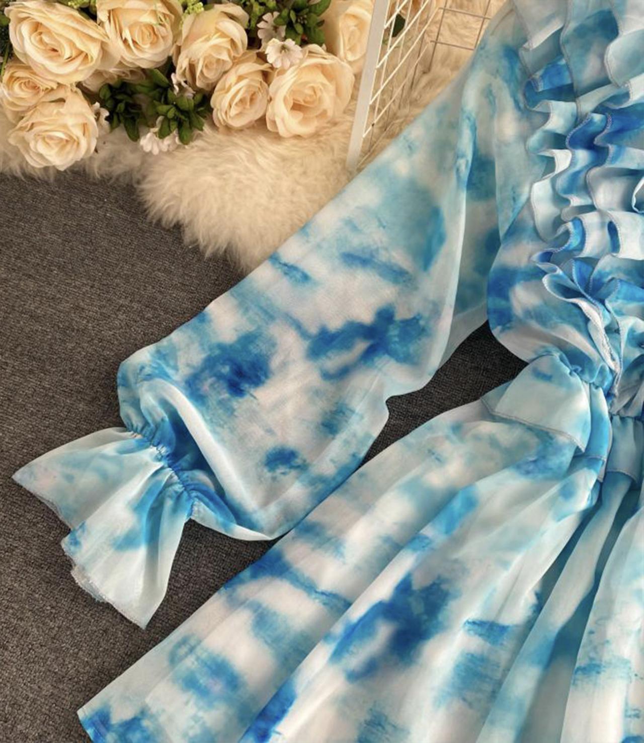 Blue A line long sleeve dress fashion dress 649