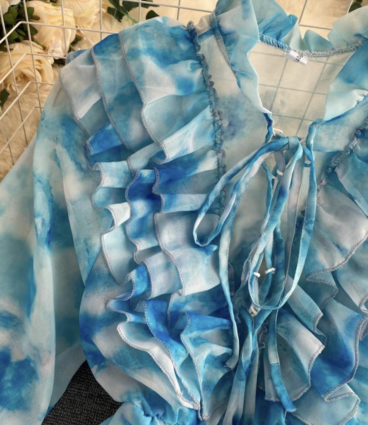 Blue A line long sleeve dress fashion dress 649