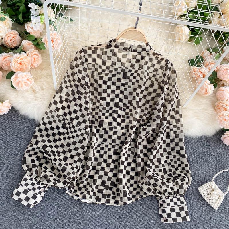 Retro bow round neck long-sleeved check chiffon shirt  316