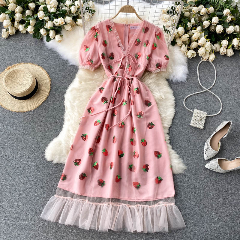 Pink v neck strawberry A line dress fashion dress  626