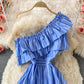 Cute blue stripe dress one shoulder dress  518