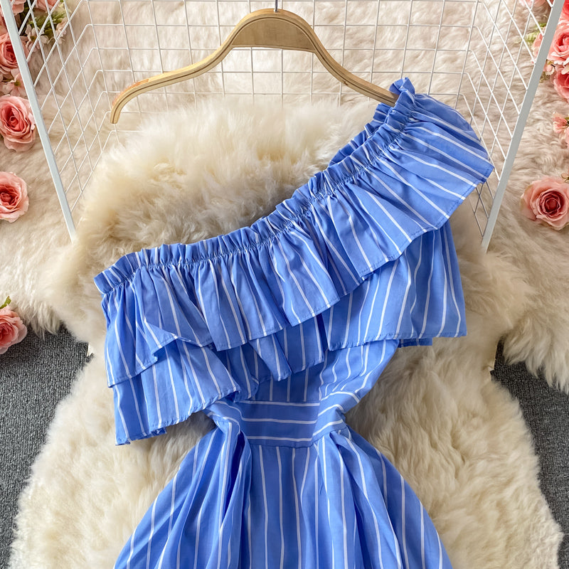 Cute blue stripe dress one shoulder dress  518