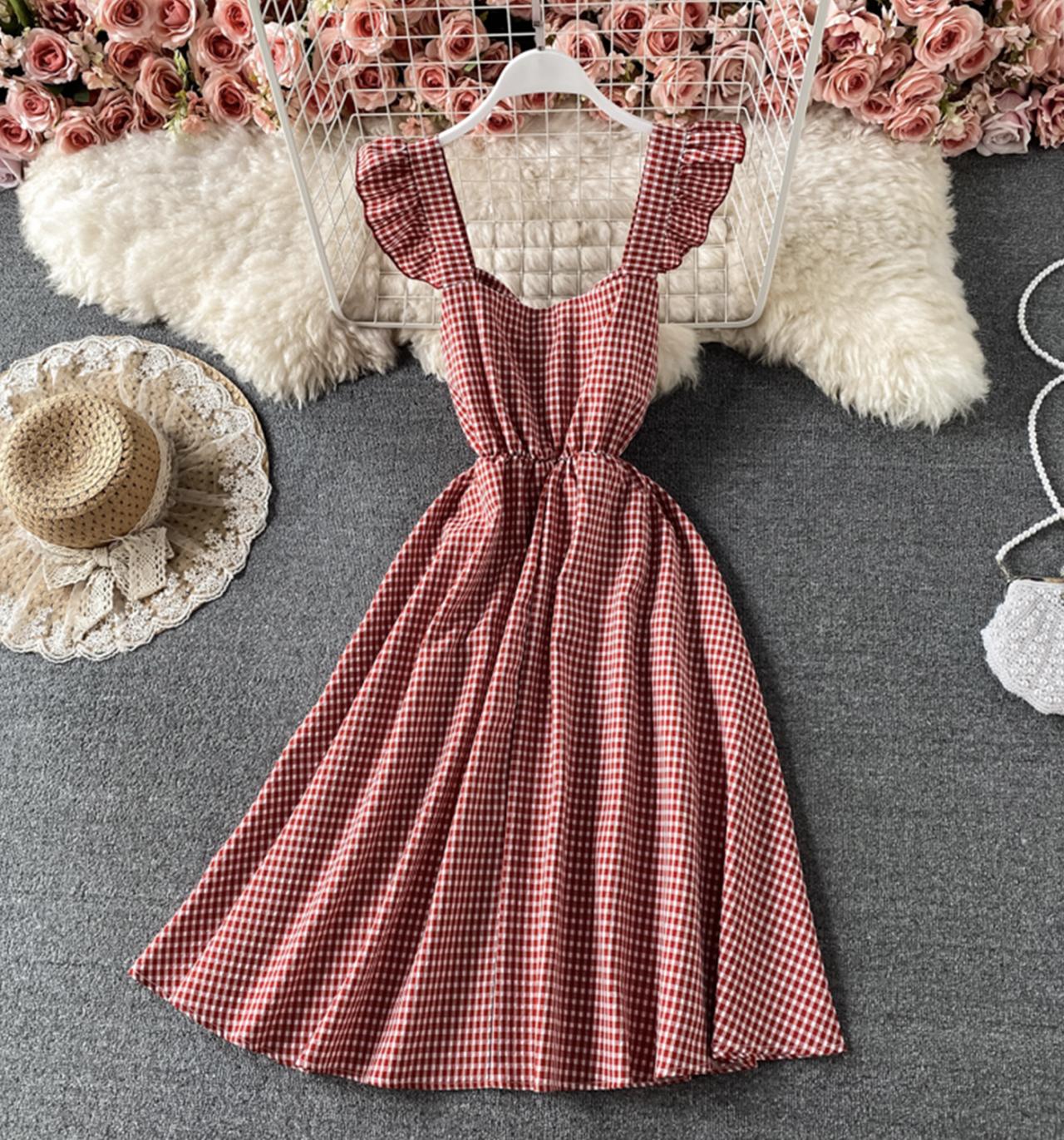Cute plaid short dress A line dress  693