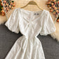 Sweet white puff sleeve dress white A line dress  583