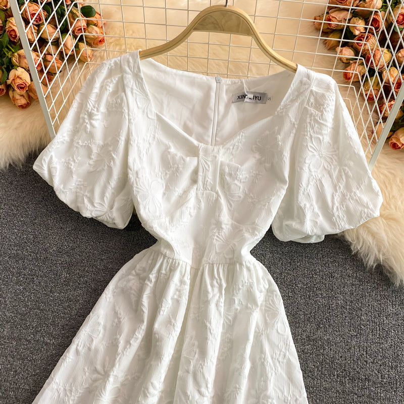 Sweet white puff sleeve dress white A line dress  583