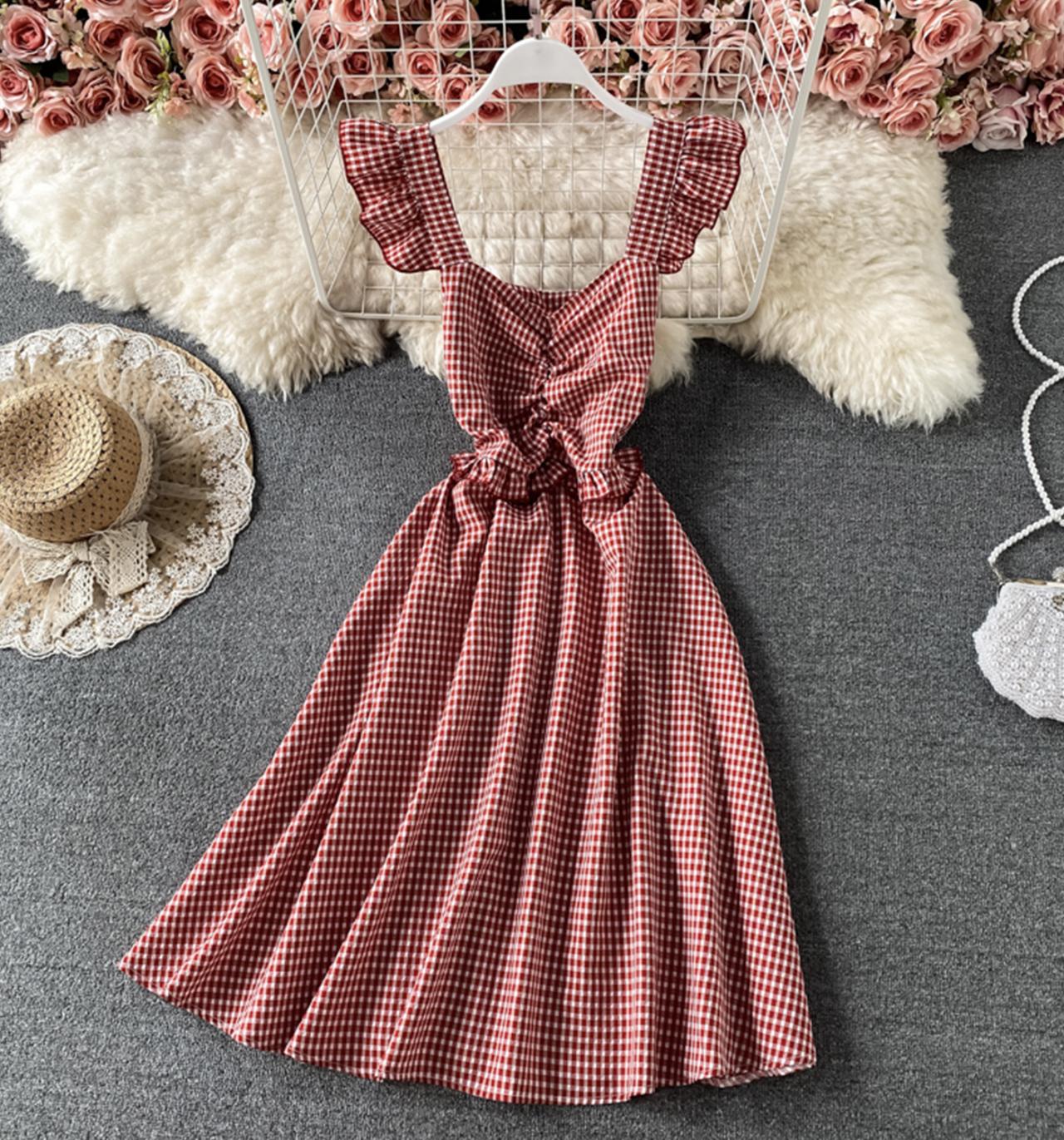 Cute plaid short dress A line dress  693
