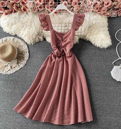 Cute plaid short dress A line dress  693