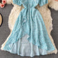 Blue floral high low A line dress fashion dress  532
