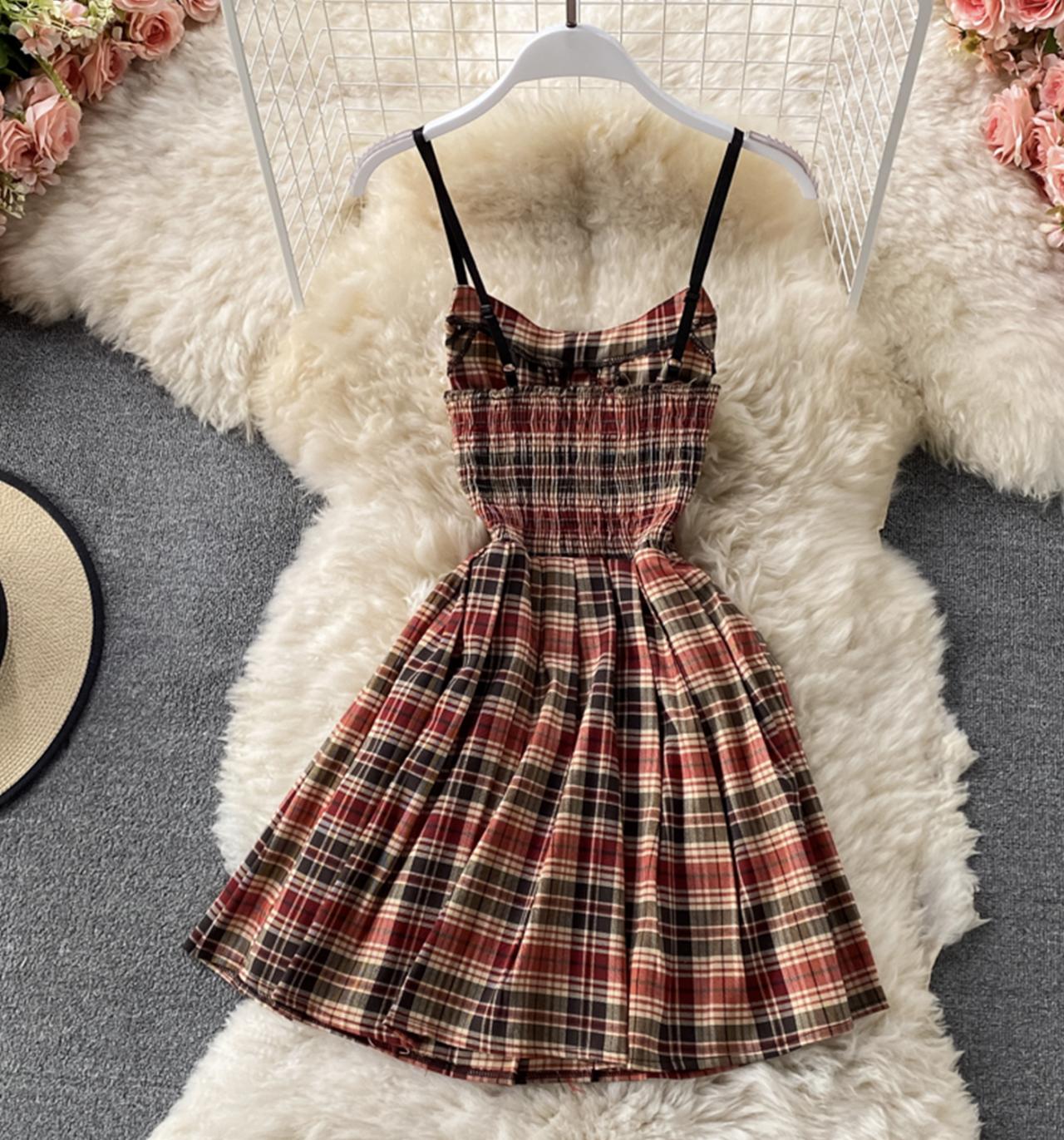 Cute plaid short A line dress  679