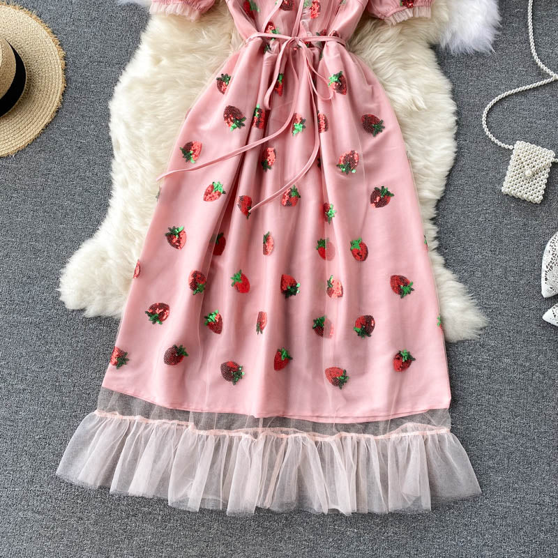 Pink v neck strawberry A line dress fashion dress  626