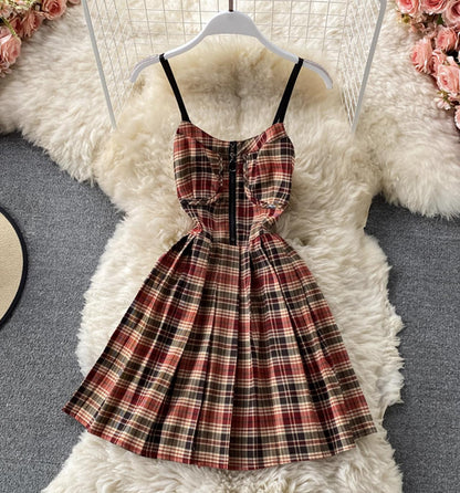Cute plaid short A line dress  679