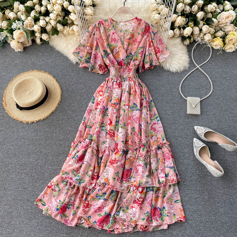 Cute v neck floral dress A line fashion dress  502