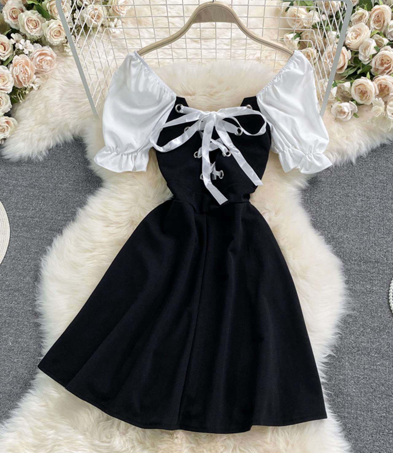 Cute black and white short dress fashion dress  658