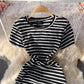 Slim waist casual side drawstring extra long over-the-knee slit striped T-shirt dress  557