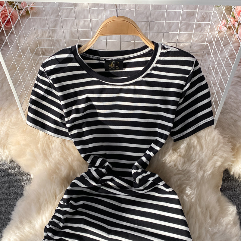 Slim waist casual side drawstring extra long over-the-knee slit striped T-shirt dress  557