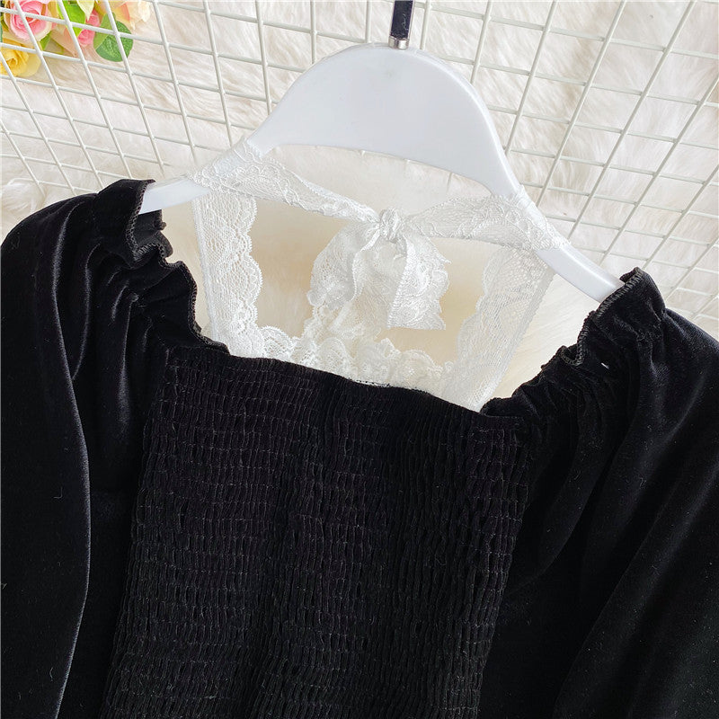 Black velvet long sleeve tops  319