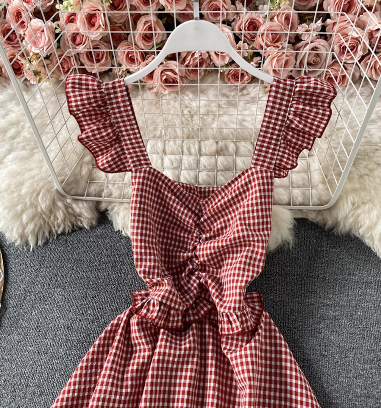 Cute plaid short dress A line dress  693