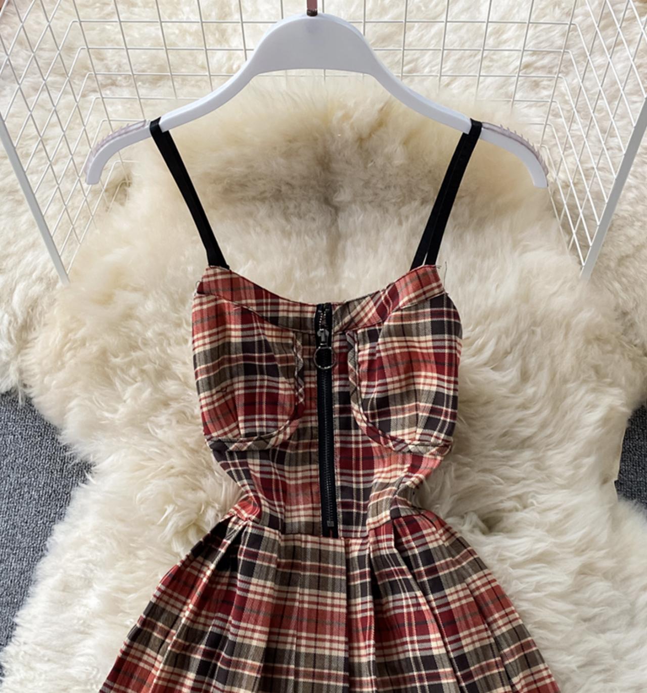 Cute plaid short A line dress  679