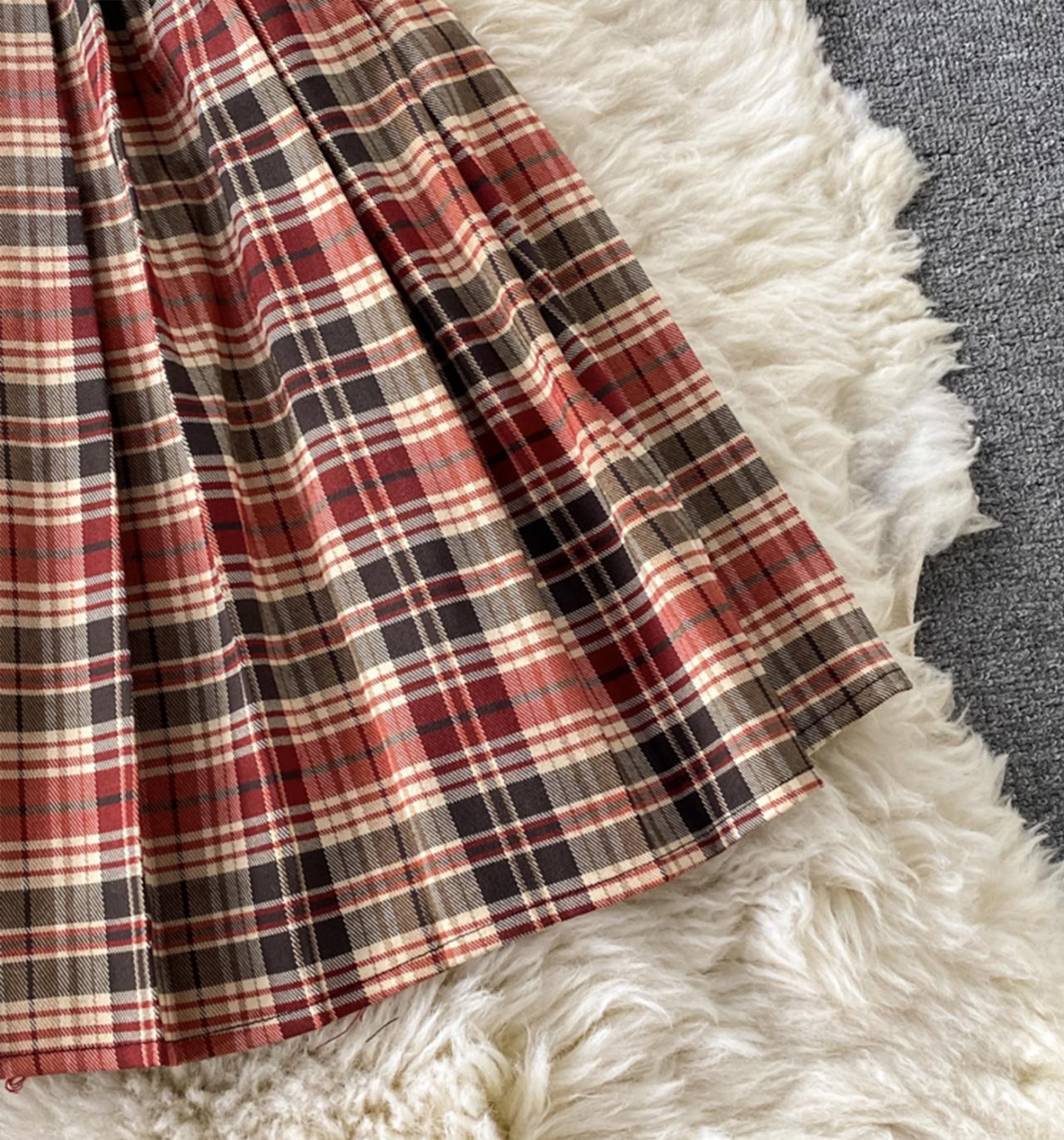 Cute plaid short A line dress  679