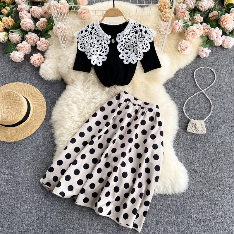 Chemisier tricoté mignon à manches courtes pour la réduction de l'âge, jupe à pois tout-en-un, costume deux pièces à la mode 598