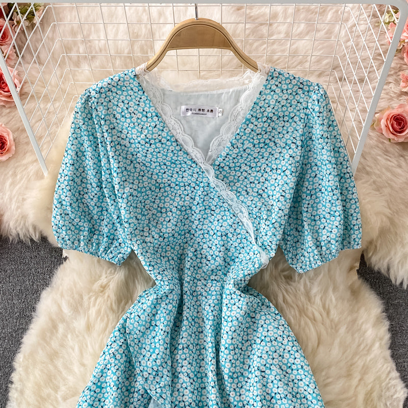 Blue floral high low A line dress fashion dress  532