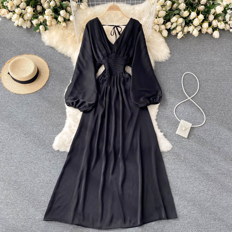 Süßes Langarmkleid mit V-Ausschnitt, Modekleid 407