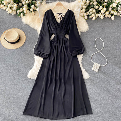 Süßes Langarmkleid mit V-Ausschnitt, Modekleid 407