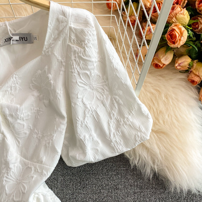 Sweet white puff sleeve dress white A line dress  583