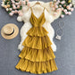 Lovely V-neck slim mid-length pleated ruffle dress  614