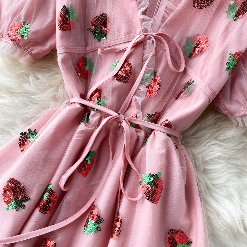 Pink v neck strawberry A line dress fashion dress  626