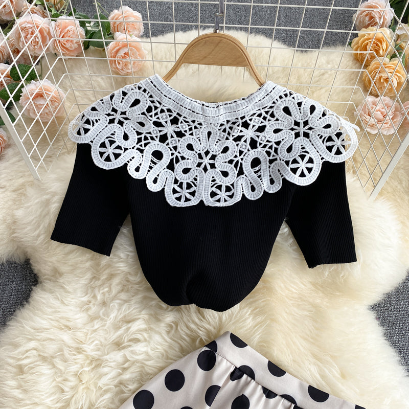 Chemisier tricoté mignon à manches courtes pour la réduction de l'âge, jupe à pois tout-en-un, costume deux pièces à la mode 598