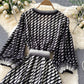 New gradient color polka dot temperament mid-sleeve lace-up waist dress  596