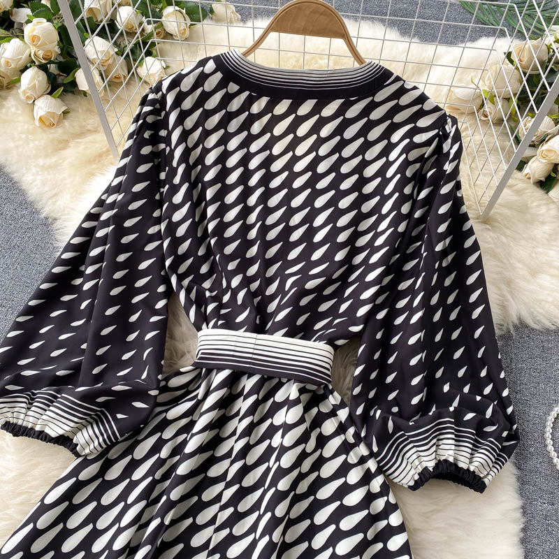 New gradient color polka dot temperament mid-sleeve lace-up waist dress  596