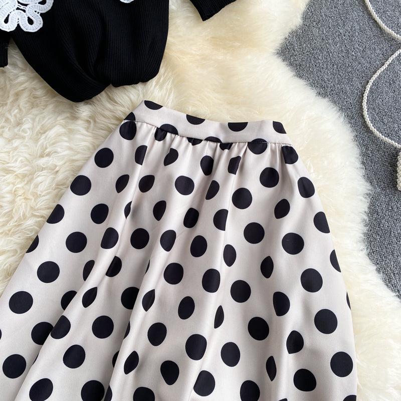 Chemisier tricoté mignon à manches courtes pour la réduction de l'âge, jupe à pois tout-en-un, costume deux pièces à la mode 598