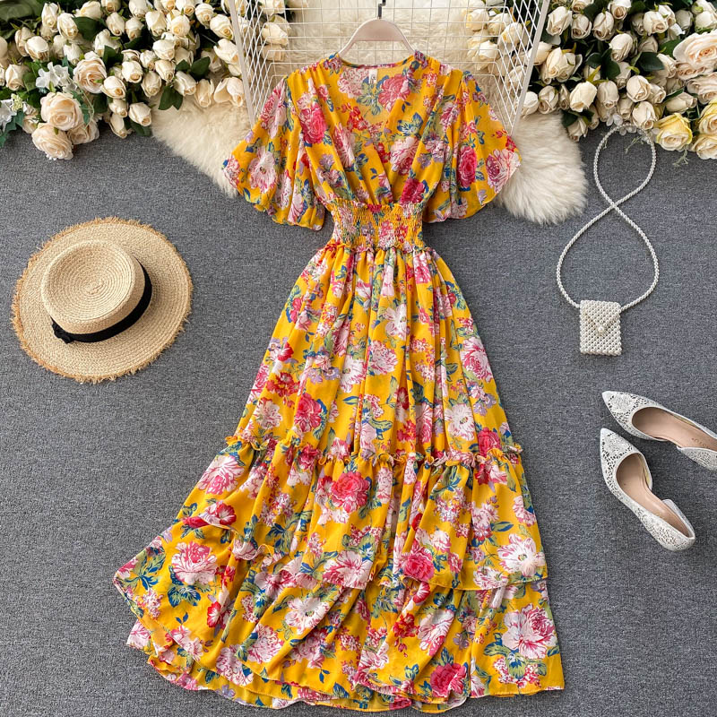 Cute v neck floral dress A line fashion dress  502